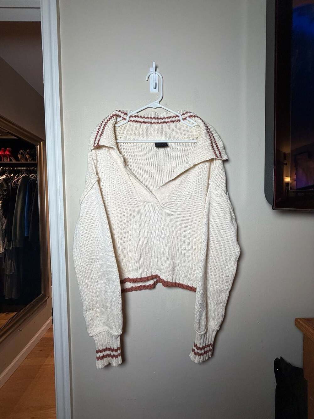 Miou Muse Knit Sweater Size L Off Shoulder Cream Brown Striped